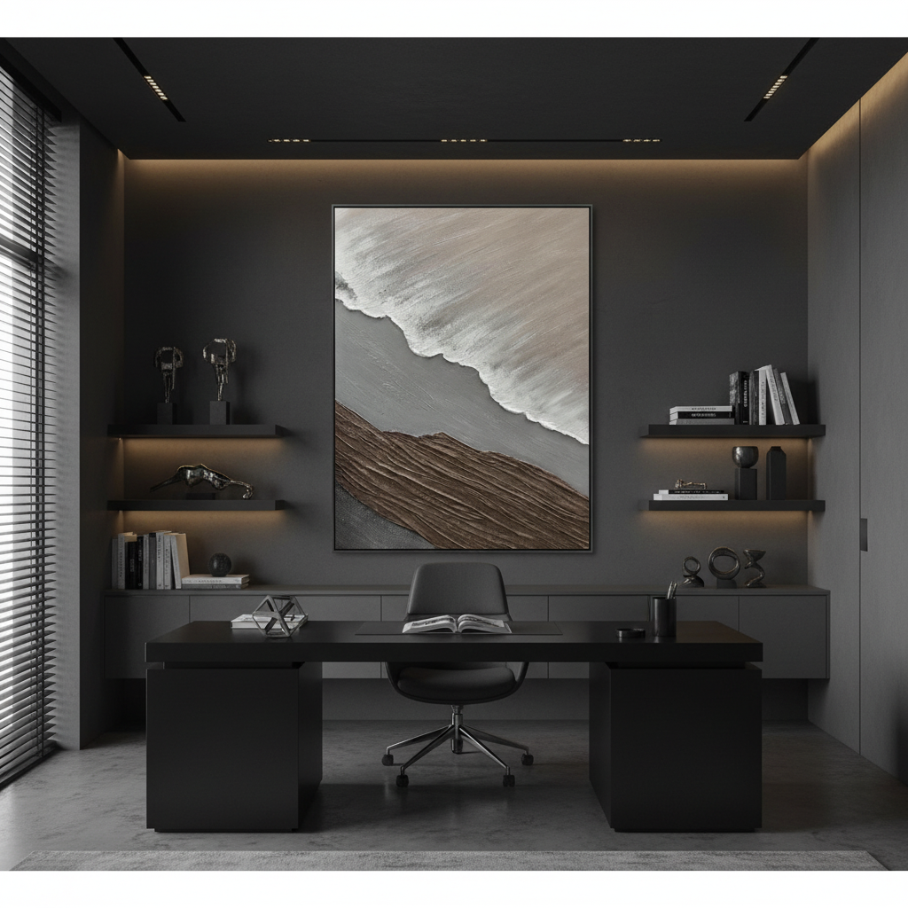 Grey wave oil painting in a luxury home office