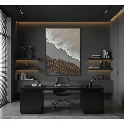 Grey wave oil painting in a luxury home office