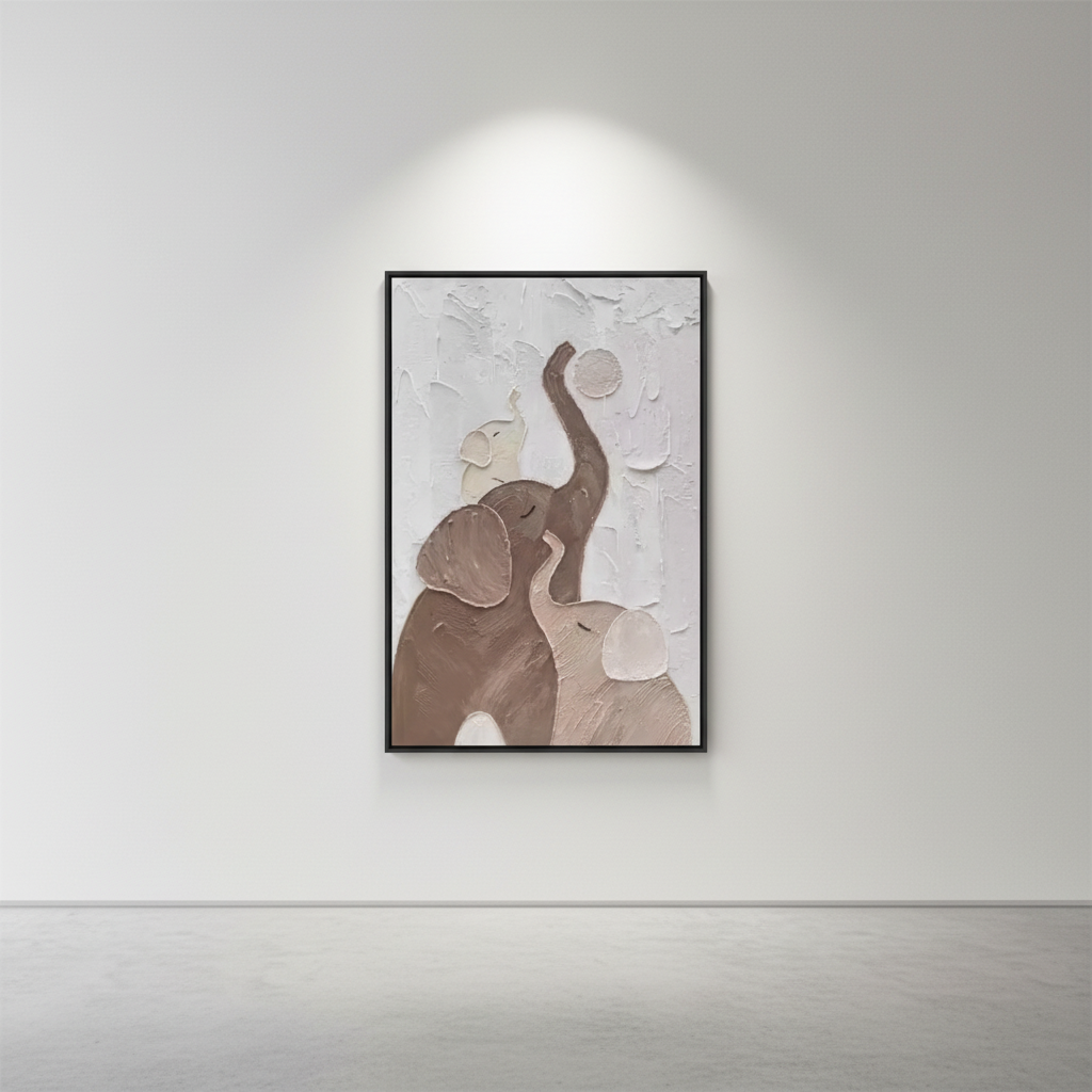 Mother elephant baby balancing ball oil painting in an art gallery