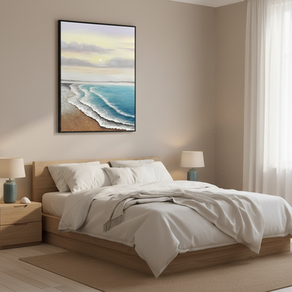 Sunrise beach oil painting in a coastal bedroom