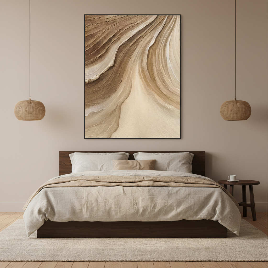 Abstract brown cream canyon strata oil painting in a Japandi bedroom