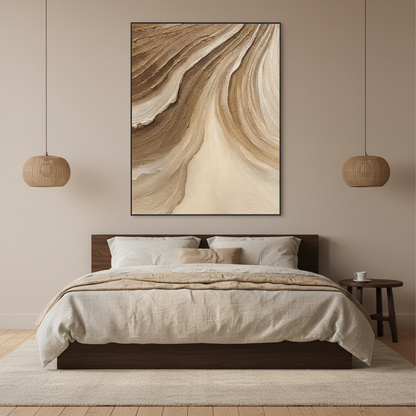 Abstract brown cream canyon strata oil painting in a Japandi bedroom
