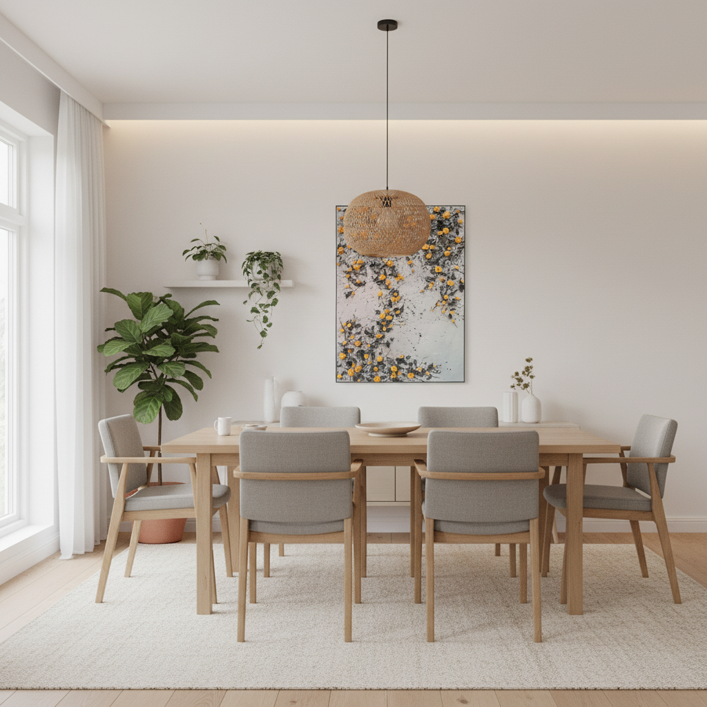 Orange yellow rose vine oil painting in a Scandinavian dining room