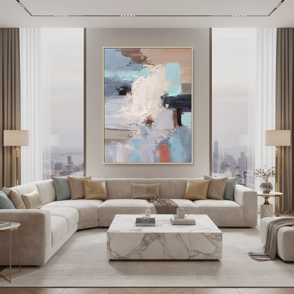 Abstract cream blue coral geometric oil painting in a luxury modern living room
