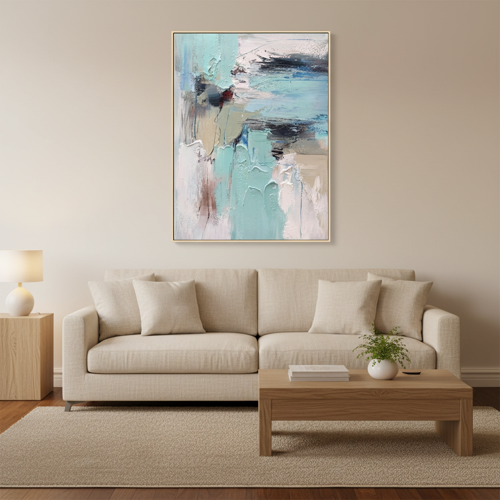 Abstract mint blue water reflection oil painting in a warm modern living room
