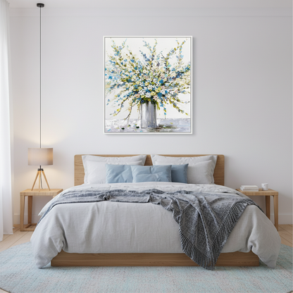 Blue white wildflower bouquet vase oil painting in a Scandinavian bedroom