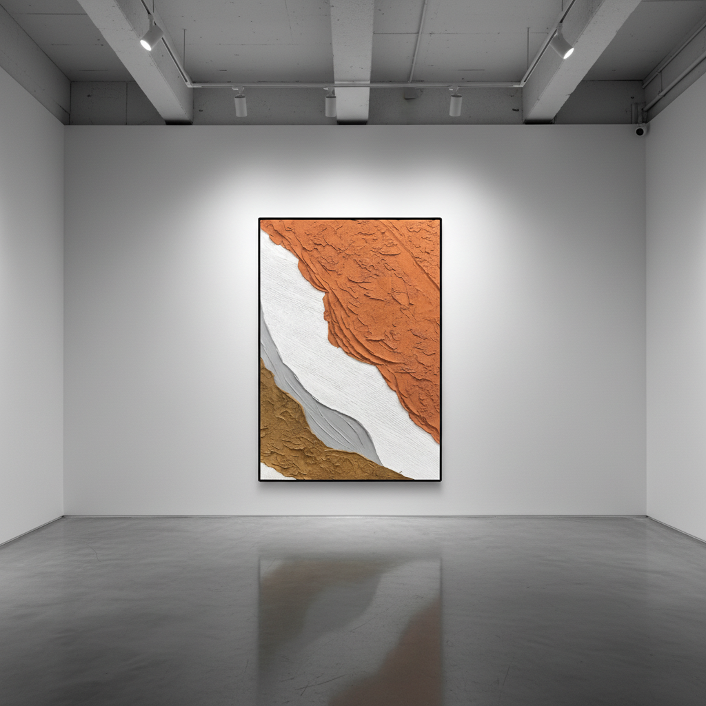 Abstract burnt orange white oil painting in an art gallery