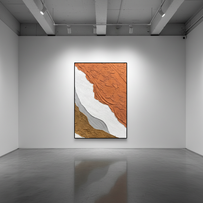 Abstract burnt orange white oil painting in an art gallery