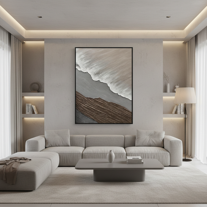 Grey wave oil painting in a minimalist modern living room