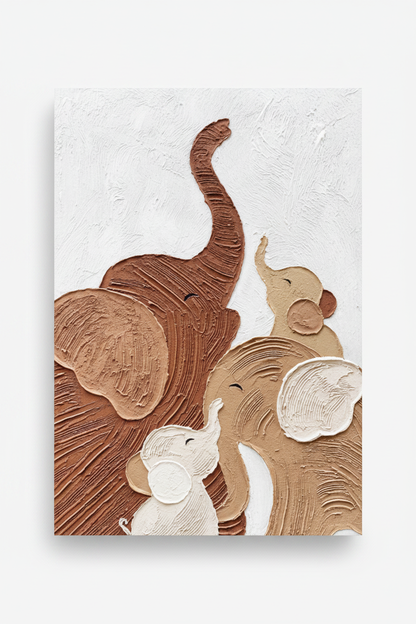 Three elephant family minimalist impasto oil painting no frame white background
