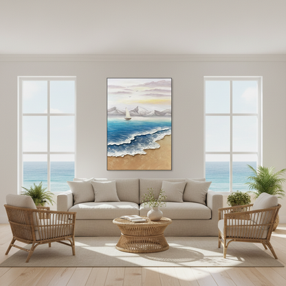 Sailboat seascape oil painting in a coastal living room