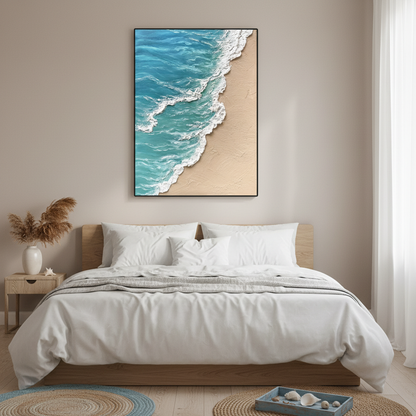 Turquoise beach oil painting in a coastal bedroom