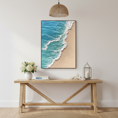Turquoise beach oil painting in an entryway foyer