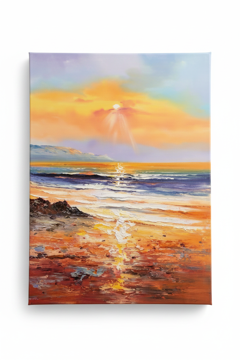 Golden sunset beach impasto oil painting no frame white background