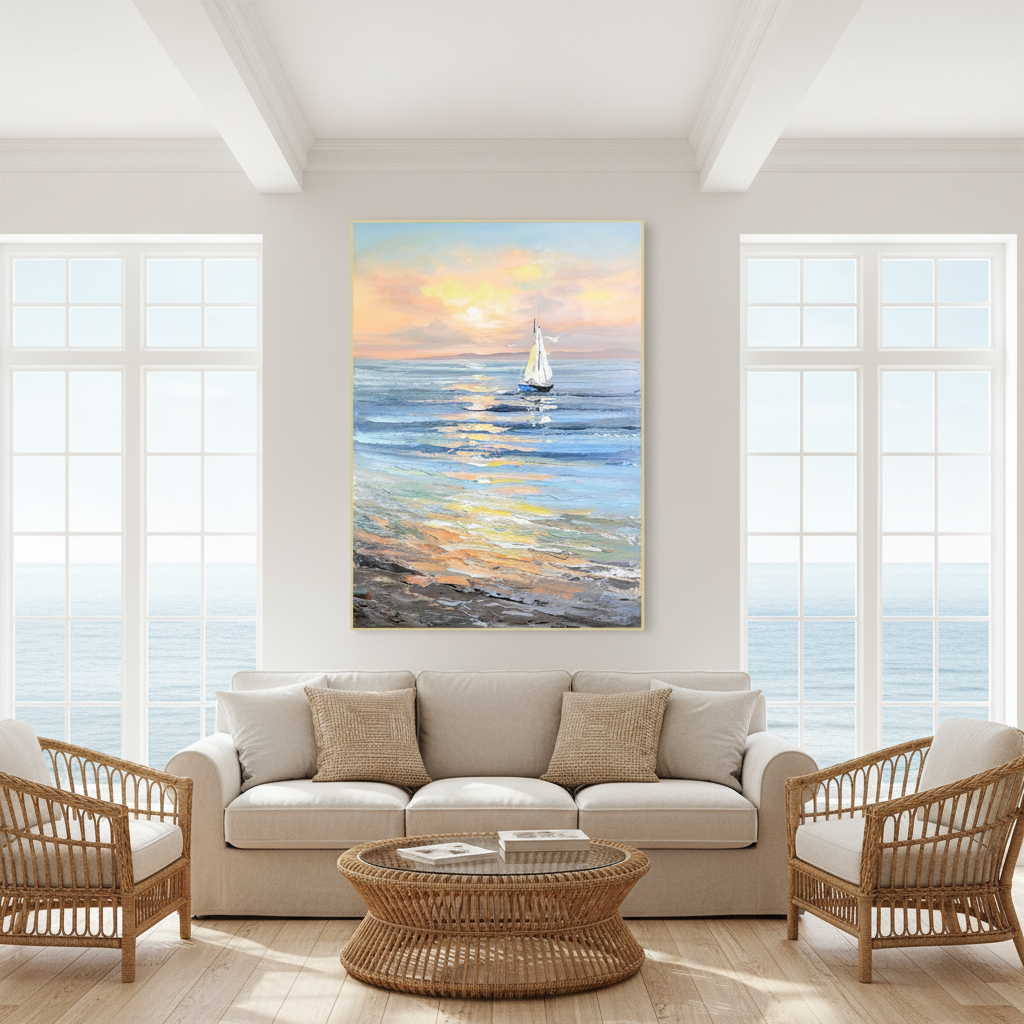 Sunrise sailboat seascape oil painting in a coastal living room