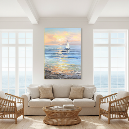 Sunrise sailboat seascape oil painting in a coastal living room