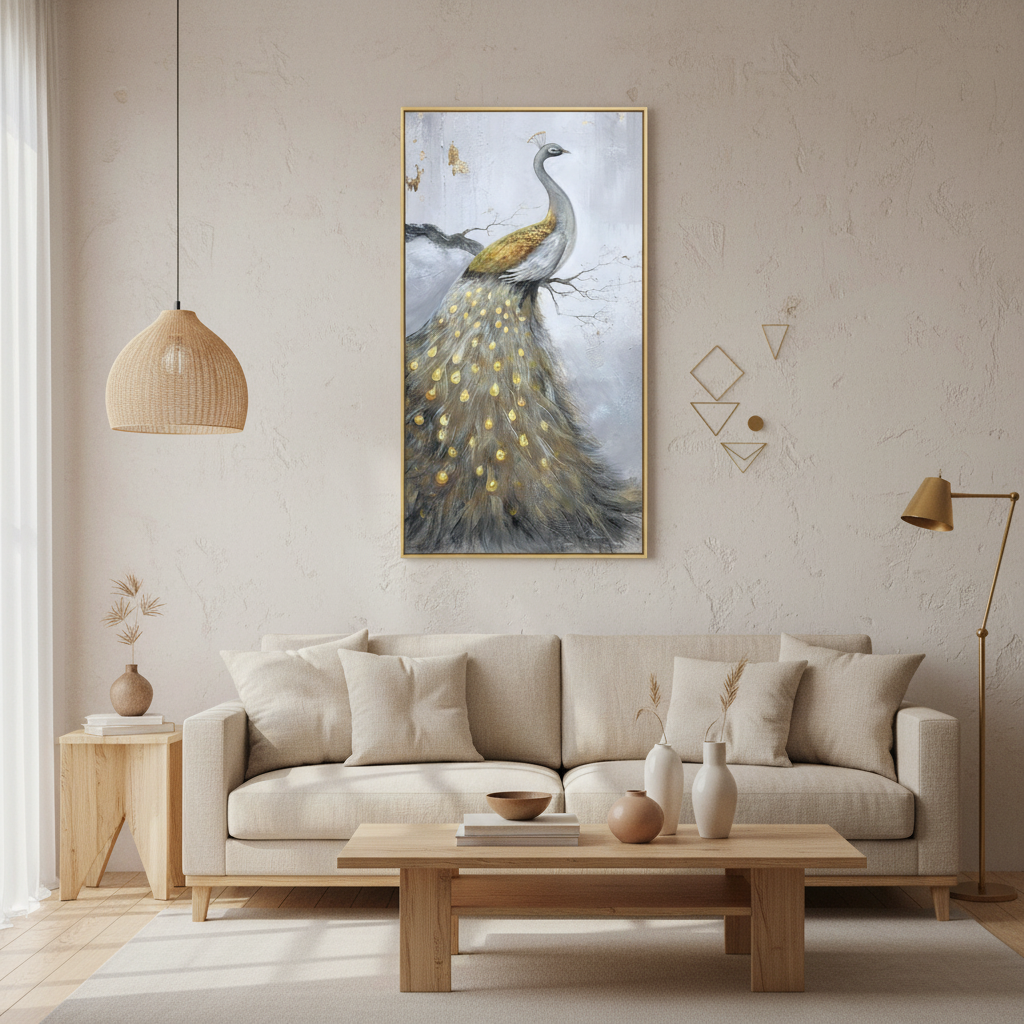 White silver gold peacock oil painting in a Japandi living room