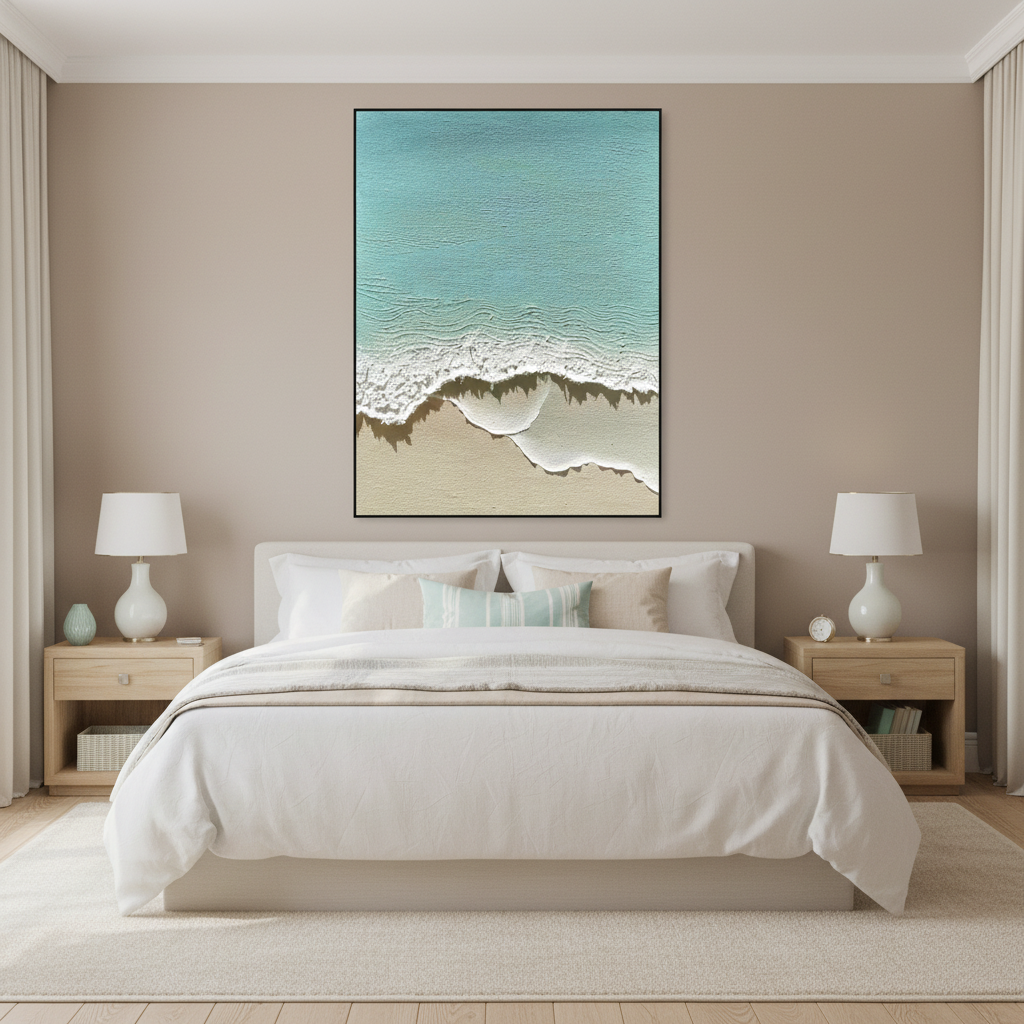Turquoise ocean oil painting in a coastal bedroom