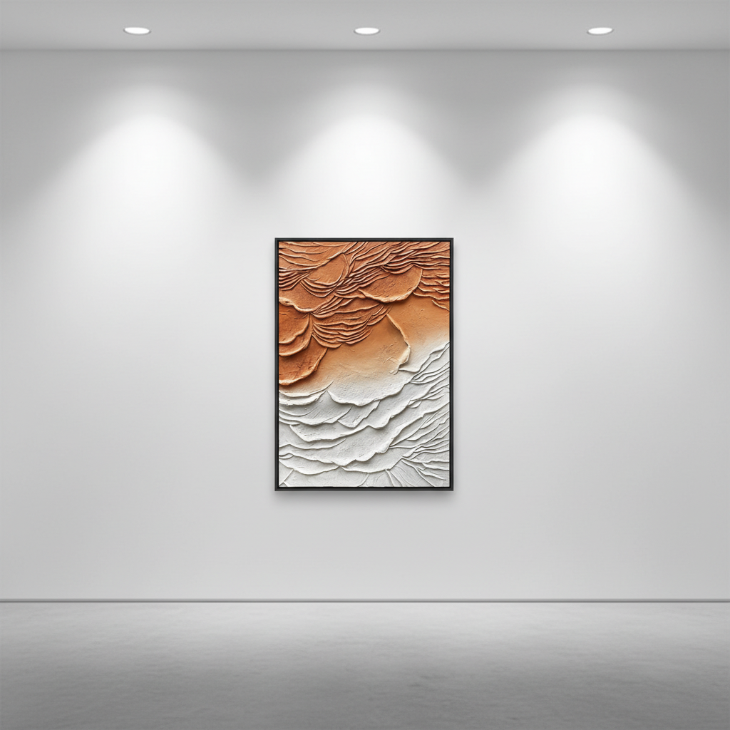 Abstract terracotta orange white cloud dune oil painting in an art gallery