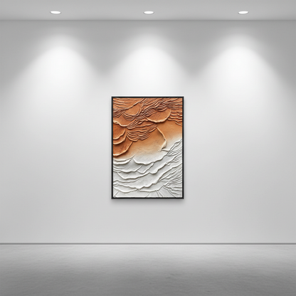 Abstract terracotta orange white cloud dune oil painting in an art gallery
