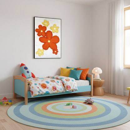 Red yellow bold flower scatter oil painting in a playful children's bedroom