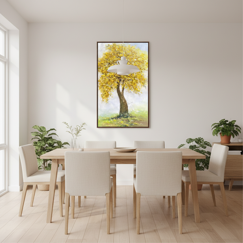 Golden yellow autumn tree oil painting in a Scandinavian dining room