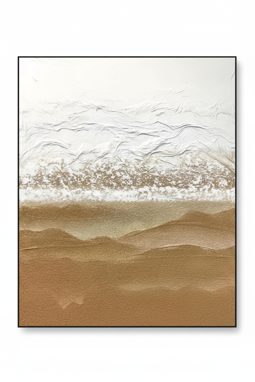 Abstract white sandy gold three-layer desert dune impasto oil painting no frame white background