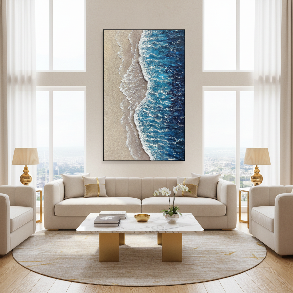 Aerial beach ocean oil painting in a luxury modern living room