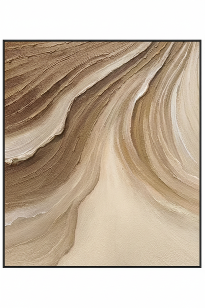 Abstract brown cream flowing arc canyon strata impasto oil painting no frame white background