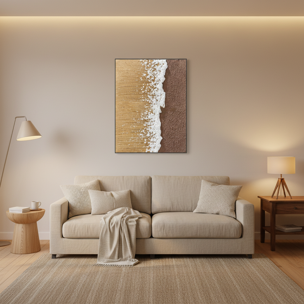 Abstract golden sand white ocean foam beach wave oil painting in a warm modern living room