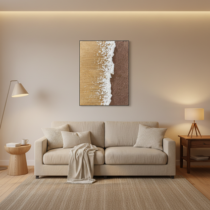 Abstract golden sand white ocean foam beach wave oil painting in a warm modern living room