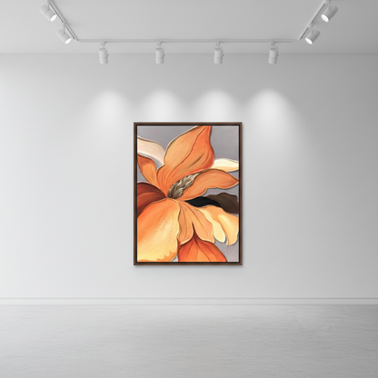 Orange iris flower oil painting in an art gallery