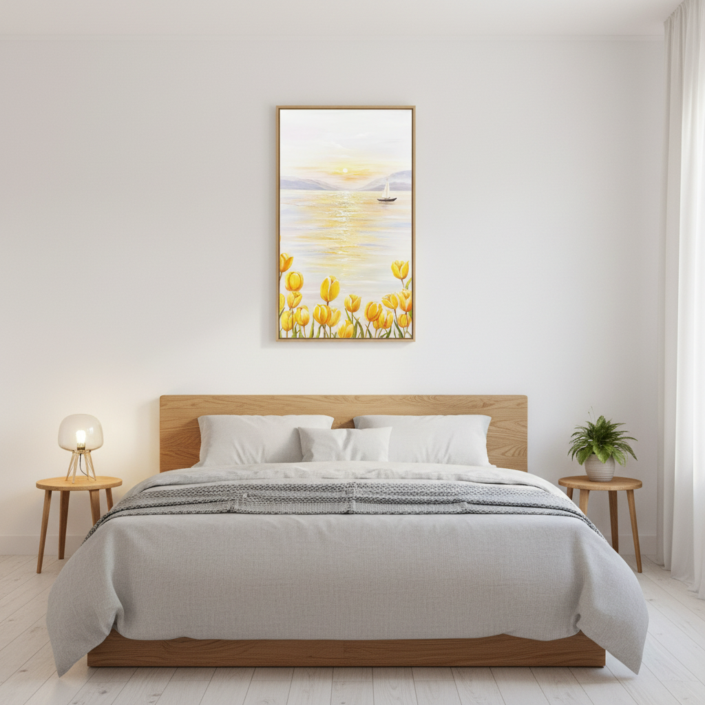 Yellow tulip lakeside sailboat sunrise oil painting in a Scandinavian bedroom