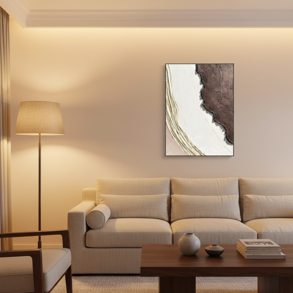 Abstract white chocolate brown tectonic oil painting in a warm modern living room