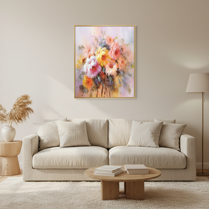 Soft impressionist mixed flower bouquet oil painting in a warm modern living room