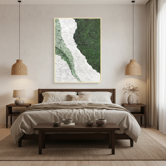 Abstract green white glacier river oil painting in a Japandi bedroom