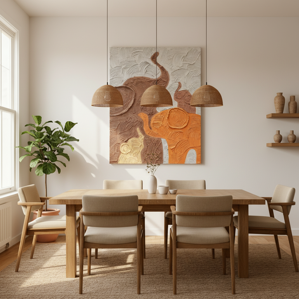 Elephant family oil painting displayed in a warm dining room