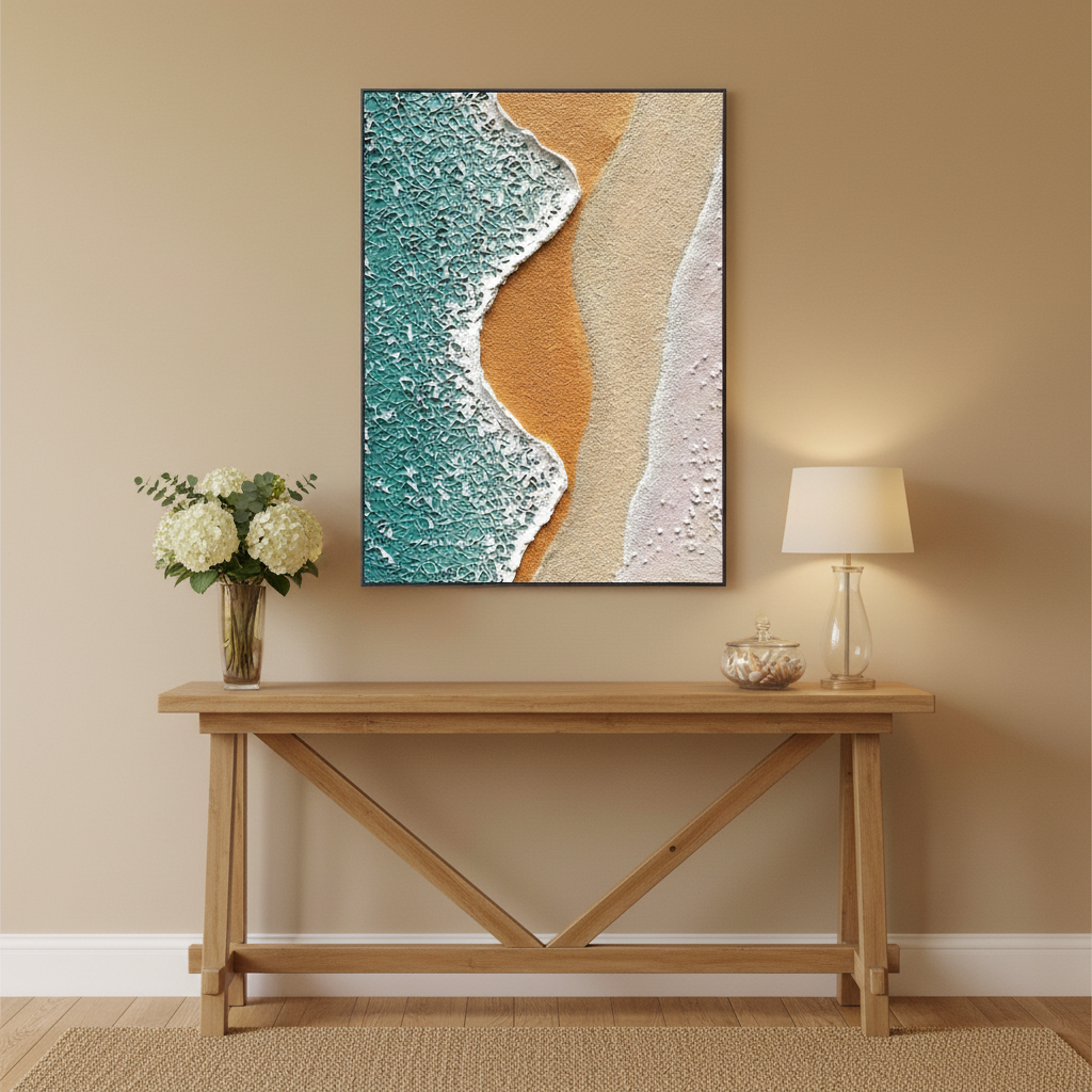 Dual wave beach oil painting in an entryway foyer