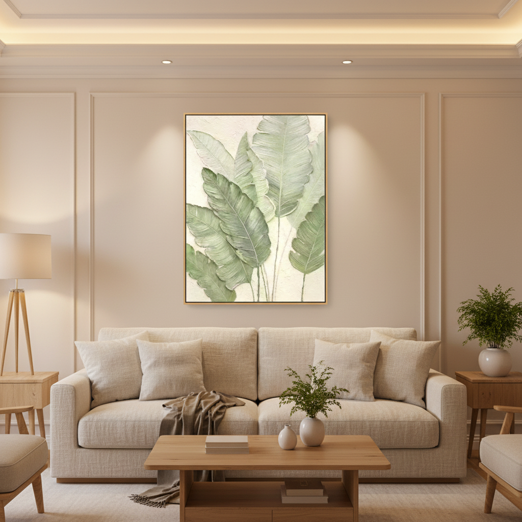 Soft mint sage green tropical leaf oil painting in a warm modern living room