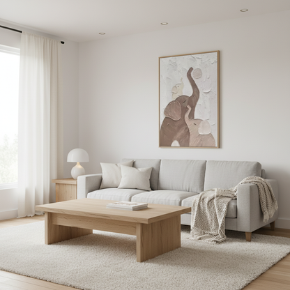 Mother elephant baby balancing ball oil painting in a Scandinavian living room