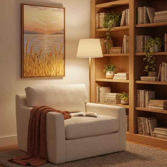 Golden reed lakeside sunset oil painting in a cozy reading nook