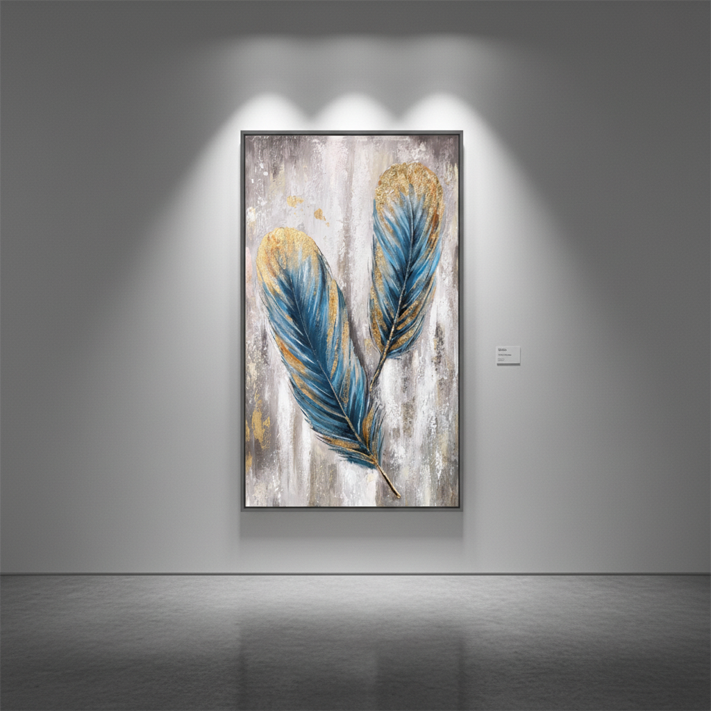 Teal blue gold feather duo oil painting in an art gallery