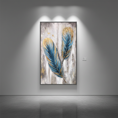 Teal blue gold feather duo oil painting in an art gallery