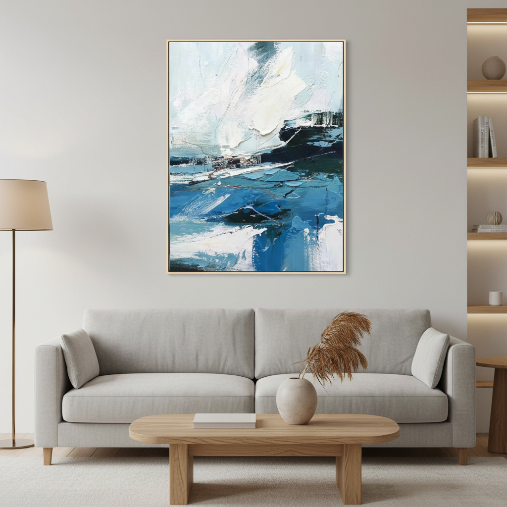 Abstract stormy seascape oil painting in a Scandinavian living room