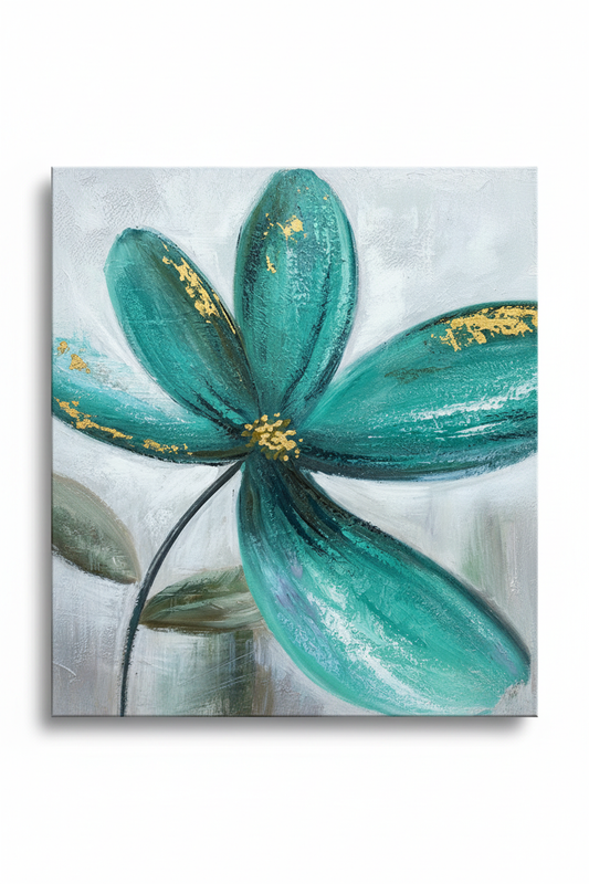 Teal peacock green flower close-up gold accent impasto oil painting no frame white background