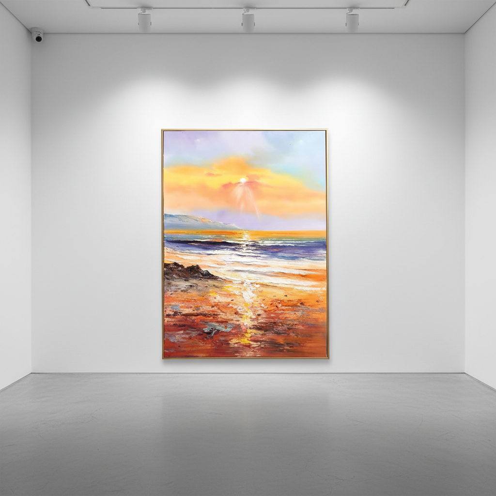 Golden sunset beach oil painting in an art gallery