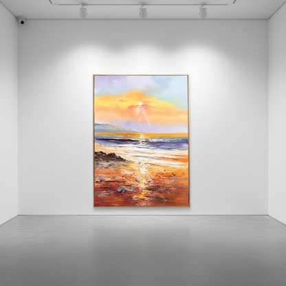 Golden sunset beach oil painting in an art gallery