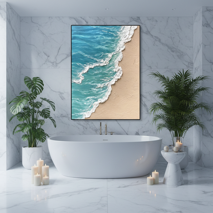 Turquoise beach oil painting in a spa bathroom