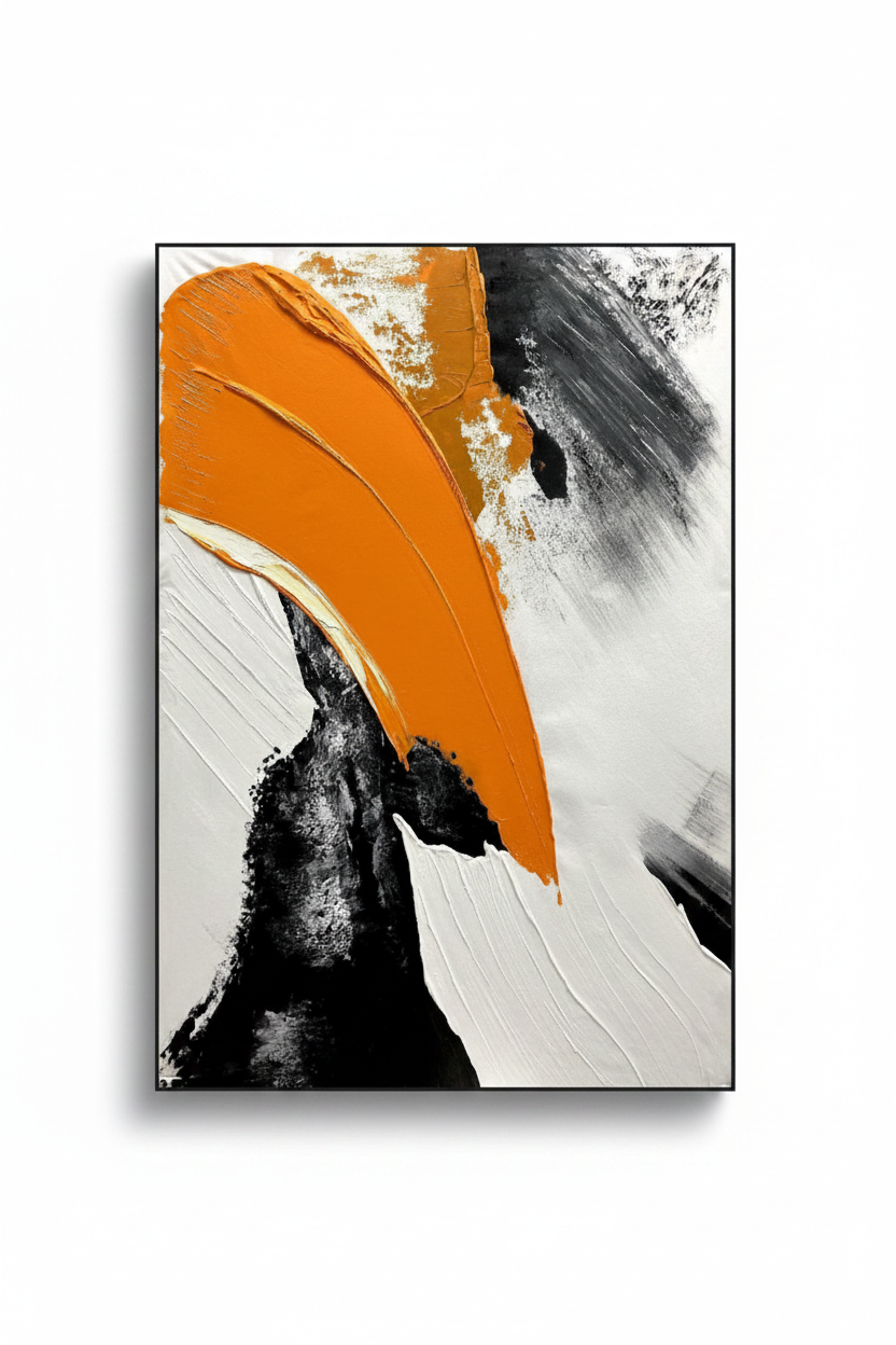 Abstract orange black white gold arc impasto oil painting no frame white background