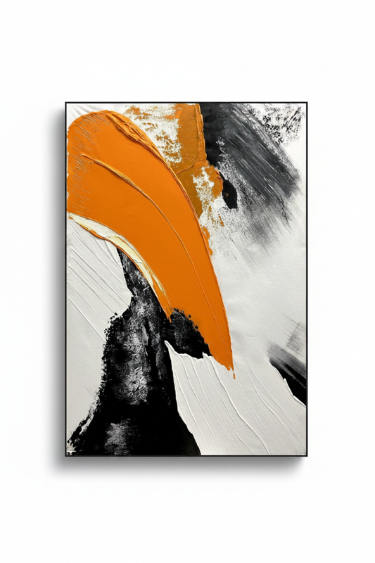 Abstract orange black white gold arc impasto oil painting no frame white background